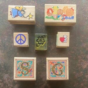 Wooden Rubber Stamp Lot of Seven, includes Vintage and Contemporary Pieces
